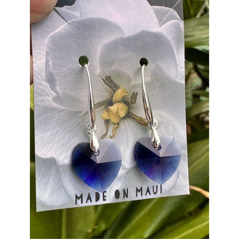 Heart Shaped Dark Blue Swarovski Crystal Dangle Earrings Handmade in Maui